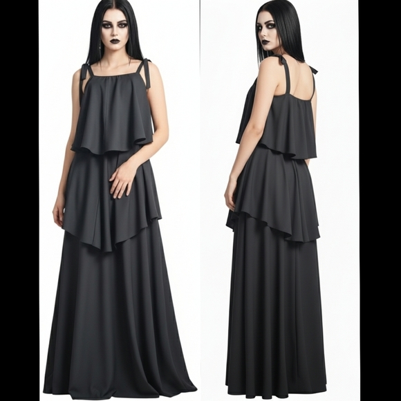 Vintage Dresses & Skirts - Vintage Black Maxi Dress Layered Goth Size Small